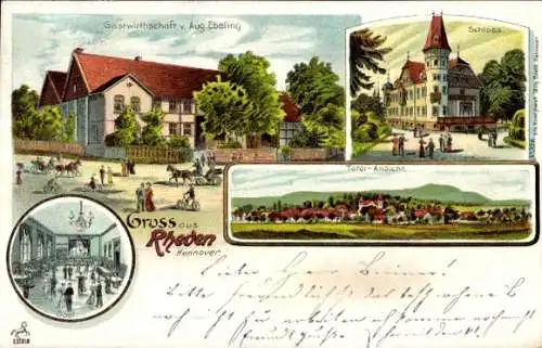 Litho Rheden in Niedersachsen, Gastwirtschaft von Aug. Ebeling, Schloss, Totalansicht von Ort