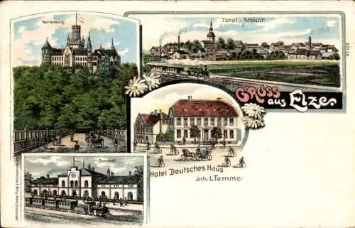 Litho Elze Niedersachsen, Totalansicht, Marienburg, Bahnhof, Hotel Deutsches Haus