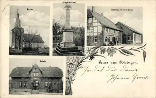 Ak Gödringen Sarstedt Niedersachsen, Kirche, Kriegerdenkmal, Gasthaus Busch, Schule