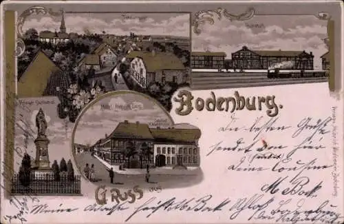 Litho Bodenburg Bad Salzdetfurth in Niedersachsen, Bahnhof, Gleisseite, Hotel, Kriegerdenkmal