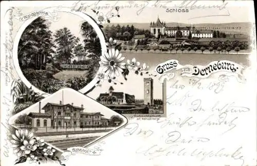 Litho Derneburg Holle, Schloss, Bahnhof, Gleisseite, Aussichtsturm