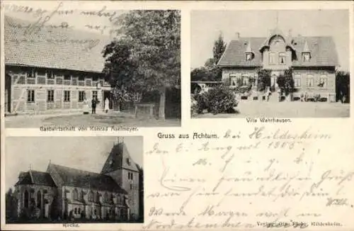 Ak Achtum Hildesheim, Villa Wahrhausen, Gastwirtschaft, Kirche