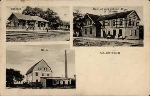 Ak Groß Sottrum in Niedersachsen, Bahnhof, Gleisseite, Mühle, Gasthof zum grünen Jäger