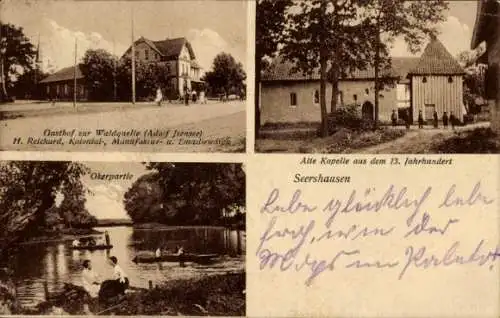 Ak Seershausen Meinersen in Niedersachsen, Gasthof zur Waldquelle, Kapelle, Okerpartie