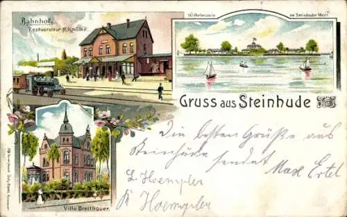 Litho Steinhude Wunstorf in Niedersachsen, Bahnhof, Gleisseite, Villa Bretthauer