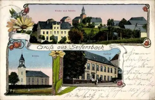 Ak Seifersbach Rossau in Sachsen, Kirche, Schule, Gasthof