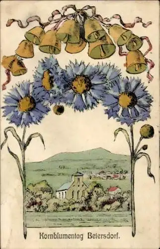 Künstler Ak Beiersdorf Oberlausitz, Kornblumentag, Glocken, Kirche