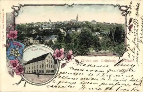 Ak Grünberg in Hessen, Totalansicht, Hotel Hirsch