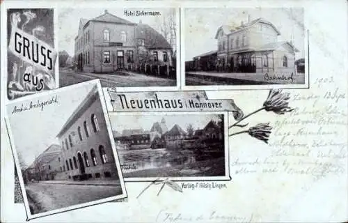 Ak Neuenhaus in Niedersachsen, Hotel, Bahnhof, Gleisseite, Amtsgericht, Mühle