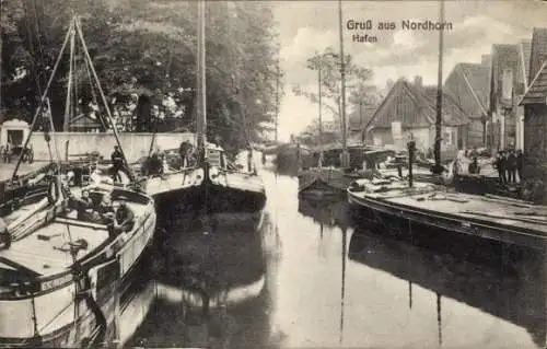 Ak Nordhorn in der Grafschaft Bentheim, Hafen, Lastkähne