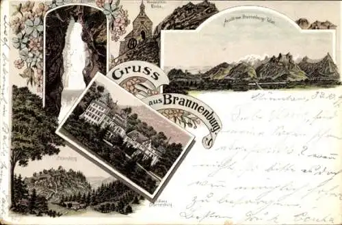 Litho Brannenburg im Kreis Rosenheim Oberbayern, Wendelstein Kirche, Wasserfall, Tatzelwurm