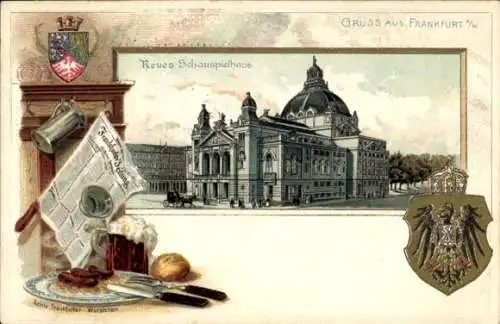 Präge Wappen Passepartout Litho Frankfurt am Main, Neues Schauspielhaus