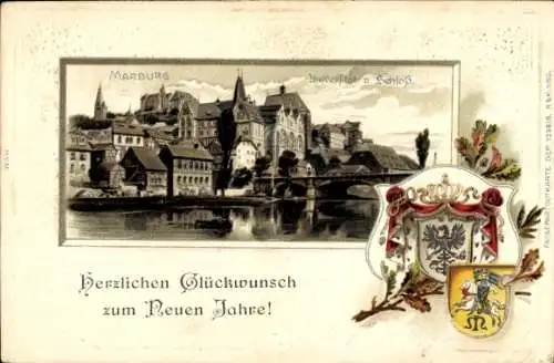 Präge Wappen Litho Marburg an der Lahn, Universität und Schloss, Glückwunsch Neujahr