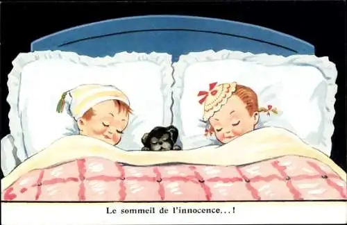 Künstler Ak Wills, John, Kinder schlafend im Bett, Hund