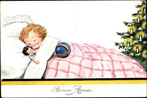 Künstler Ak Wills, John, Kind mit Puppe im Bett, Tannenbaum