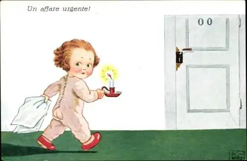 Künstler Ak Wills, John, Kind im Schlafanzug auf dem Weg zur Toilette