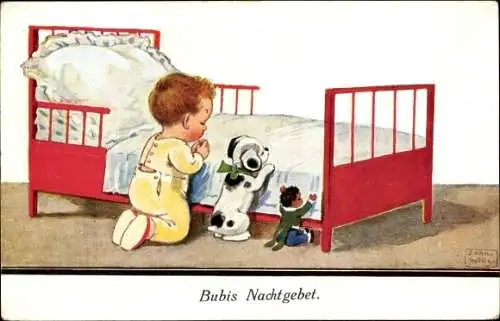 Künstler Ak Wills, John, Bubis Nachtgebet, Kind mit Puppe und Hund