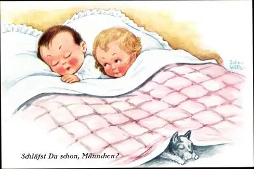 Künstler Ak Wills, John, Kinder und Terrier im Bett