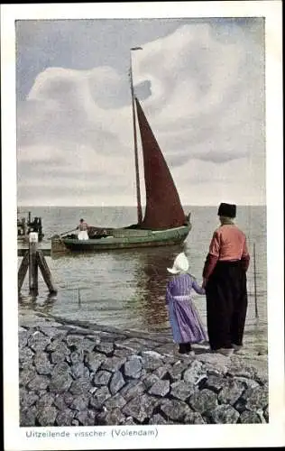 Ak Volendam Nordholland, Vater mit Tochter, Segelboot, Trachten