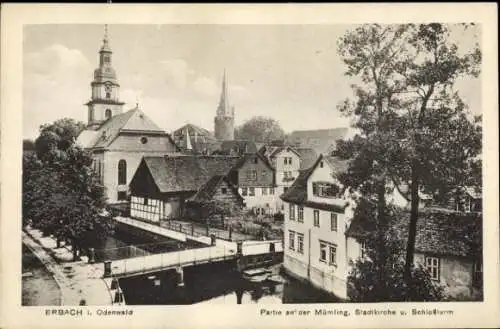 Ak Erbach im Odenwald Hessen, an der Mümling, Stadtkirche und Schloßturm