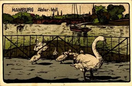 Steindruck Ak Hamburg, Schwäne an der Alster