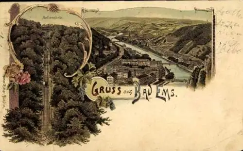 Litho Bad Ems an der Lahn, Malbergbahn, Totalansicht