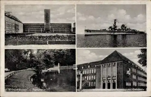 Ak Wilhelmshaven an der Nordsee, Rathaus, Gymnasium, Schiff, Parkpartie, Kommando Gebäude