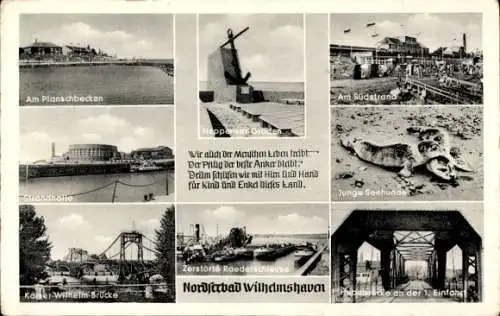 Ak Wilhelmshaven in Niedersachsen, Strandhalle, Planschbecken, junge Seehunde, zerstörte Schleuse