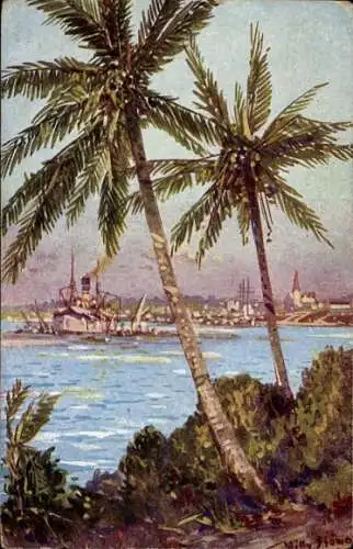 Künstler Ak Stöwer, Willy, Daressalam Tansania, Kriegsschiff, Palmen, Kolonialkriegerdank