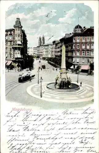 Ak Magdeburg, Hasselbach Platz, Obelisk, Straßenbahn