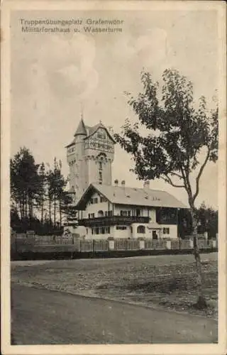 Ak Grafenwöhr in der Oberpfalz Bayern, Militärforsthaus, Wasserturm, Truppenübungsplatz