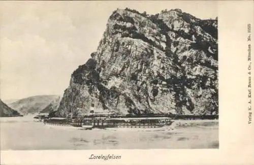 Ak Sankt Goarshausen am Rhein, Loreley, Loreleyfelsen, Dampfer