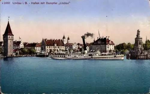 Ak Lindau am Bodensee Schwaben, Hafen, Dampfschiff Lindau, Löwenstatue, Turm