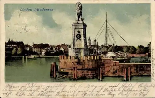 Ak Lindau am Bodensee Schwaben, Hafen, Löwenstatue, Schiff