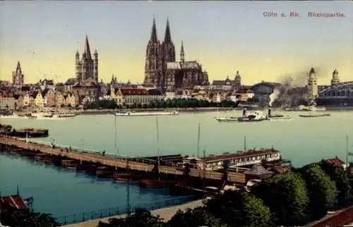 Ak Köln am Rhein, Teilansicht, Dampfschiffe, Brücke, Dom, Kirche Groß St. Martin