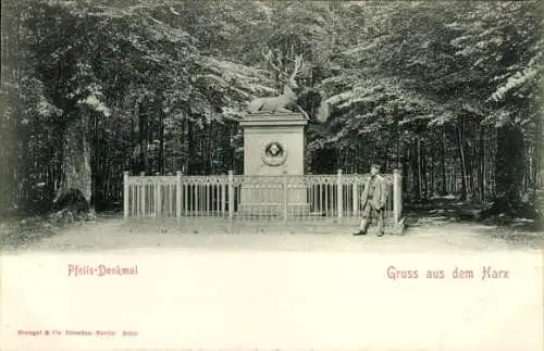 Ak Thale im Harz, Partie am Pfeils Denkmal, Hirsch, Mann