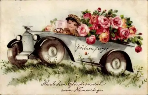 Ak Glückwunsch Namenstag, Junge, Auto, Blumen