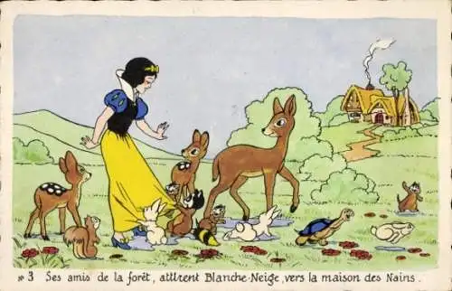 Ak Walt Disney, Comic, Schneewittchen und die 7 Zwerge, Waldtiere, Rehe, Schildkröte