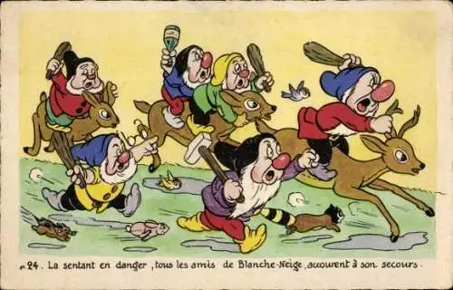 Ak Walt Disney, Schneewittchen, Die sieben Zwerge auf Rehen