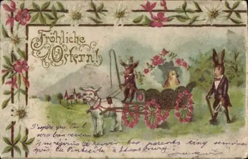 Präge Passepartput Litho Glückwunsch Ostern, Osterhasen, Lamm, Küken, Blumen