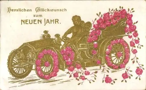 Präge Ak Glückwunsch Neujahr, Auto, Engel, Rosen