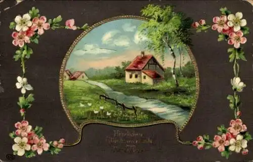 Präge Passepartout Ak Glückwunsch Namenstag, Haus am Fluss, Blumen