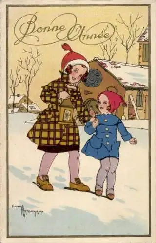 Künstler Ak Glückwunsch Neujahr, Kinder, Handlaterne, Schnee