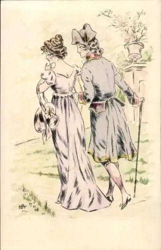 Künstler Litho Liebespaar, Spaziergang, Amor