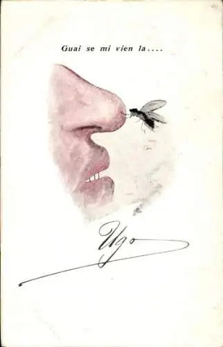 Litho Mücke sticht einen Mann in die Nase