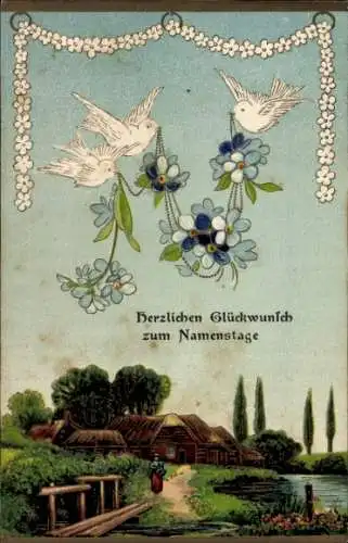 Präge Ak Glückwunsch Namenstag, Tauben, Vergissmeinnicht