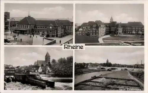 Ak Rheine in Nordrhein Westfalen, Bahnhof, Mathias Hospital, Schleuse und Kirche, Emsbrücke