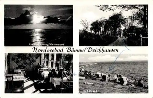 Ak Nordseebad Büsumer Deichhausen, Südstrand, Abendstimmung Wattensand, Wegpartie, Restaurant