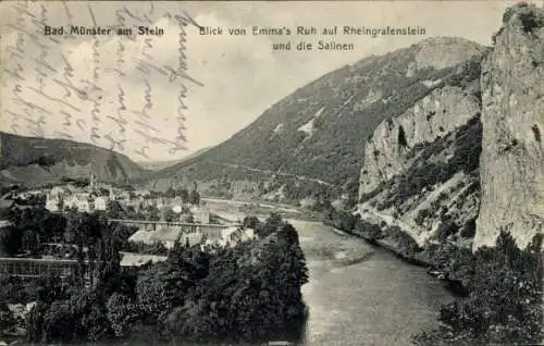 Ak Bad Münster am Stein Ebernburg, Rheingrafenstein, Salinen, Blick von Emmas Ruh