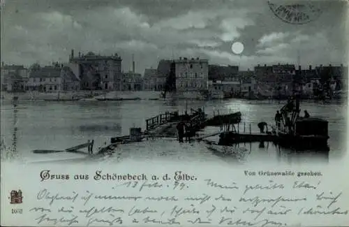 Mondschein Ak Schönebeck an der Elbe, Gesamtansicht, Blick von Grünewalde aus